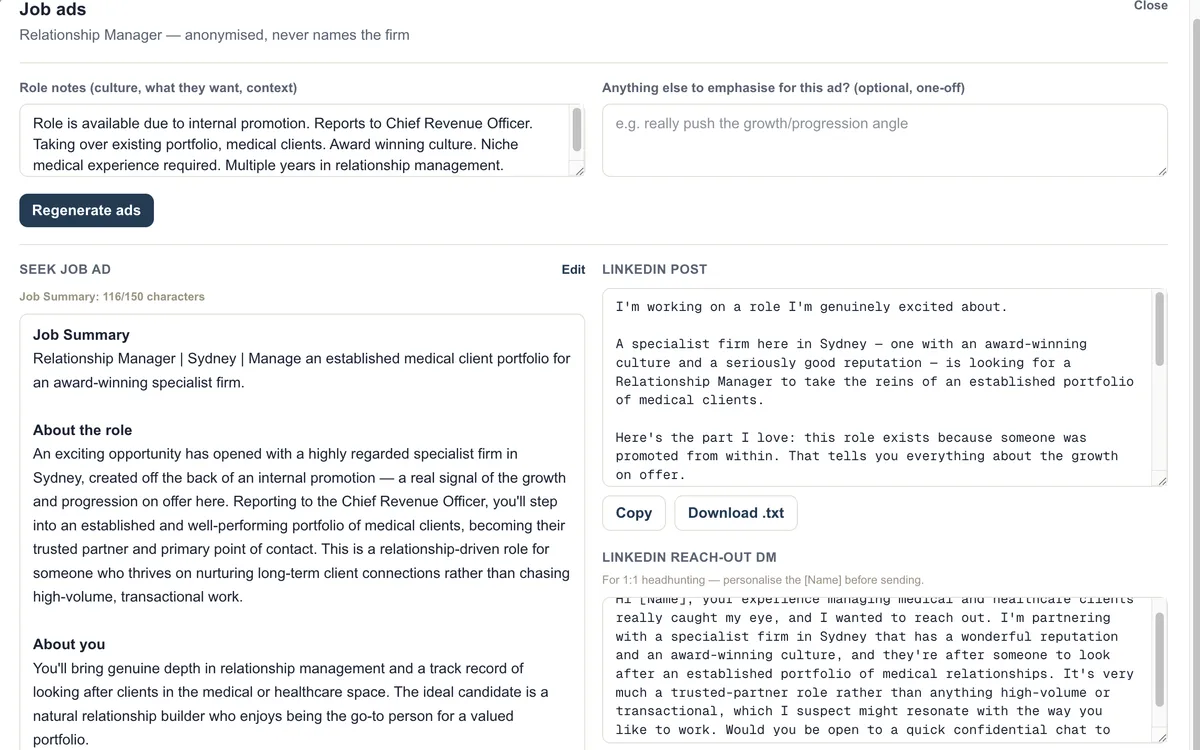 Job ad and headhunt outreach builder