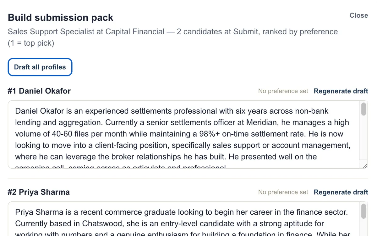 A finished branded candidate submission pack