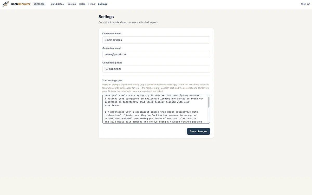 Writing style settings, matching the recruiter’s own voice